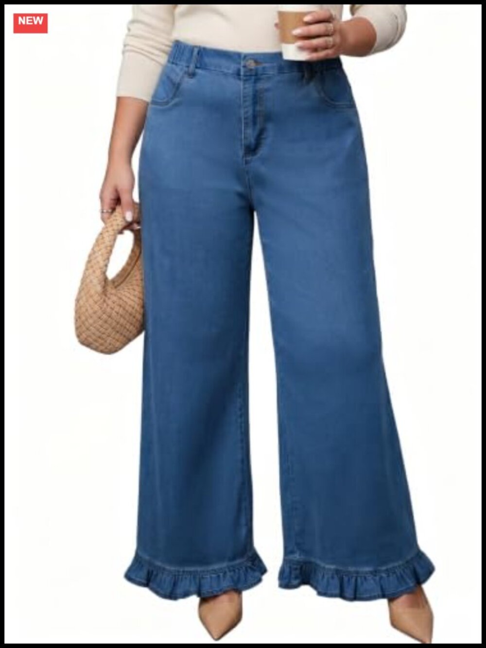 Plus Size Wide Leg Denim Jeans High Rise with Ruffle Hem
